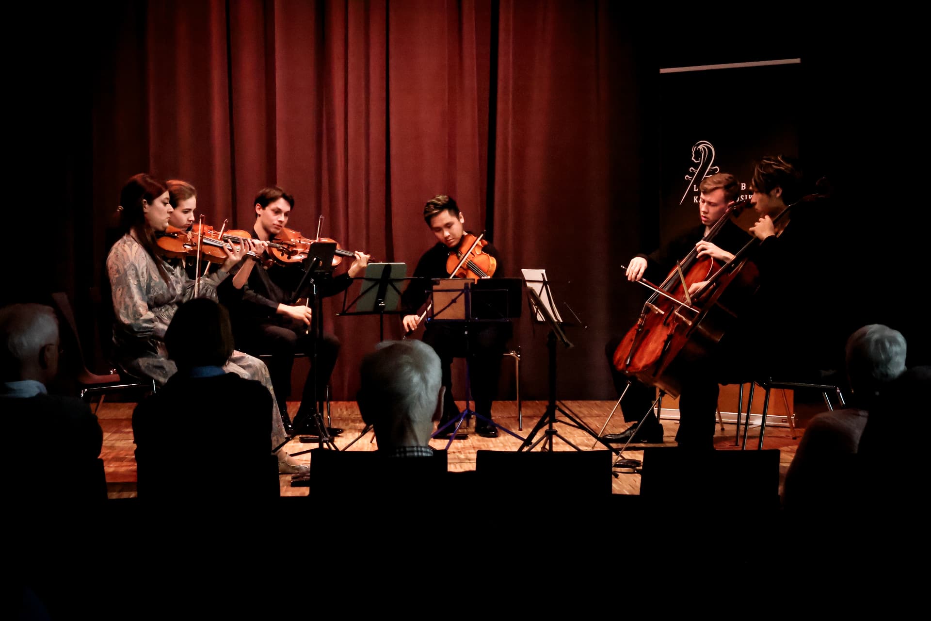 String quintet on stage seen from the audience